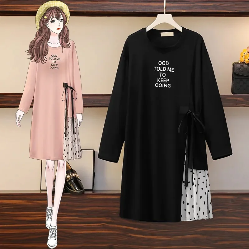 Large Size Women's Dress 2025 Spring Summer New Stitching Long-Sleeved Bottoming Shirt Fashion Coat Fat MM Vestidos Female Tops