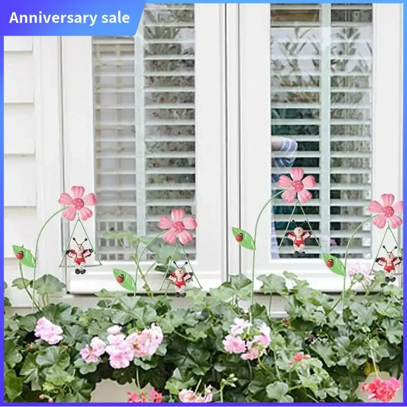 AD23-Iron Garden Flowers 6Pcs Decorative Iron Plant Stakes 10.6 Inch Ornamental Yard Stakes With Cute Animals On Swings