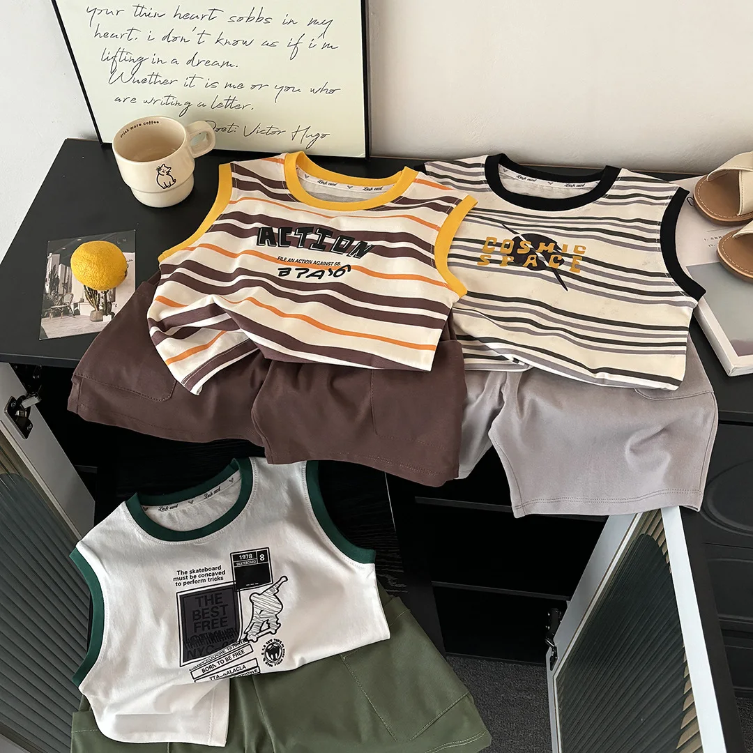 2026 Summer Casual Children Set 1-8Y Boys Grey Letter Pattern Tank Top+Cargo Shorts 2Pcs Clothes Stripe Children Suit