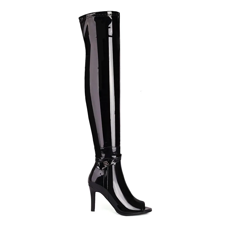 Arden Furtado Patent Leather over the Knee Boots, Round Toe, Peep Toe, Stilettos Heels, Sexy Side Zipper, Ladies 'Cool Boots, Verão