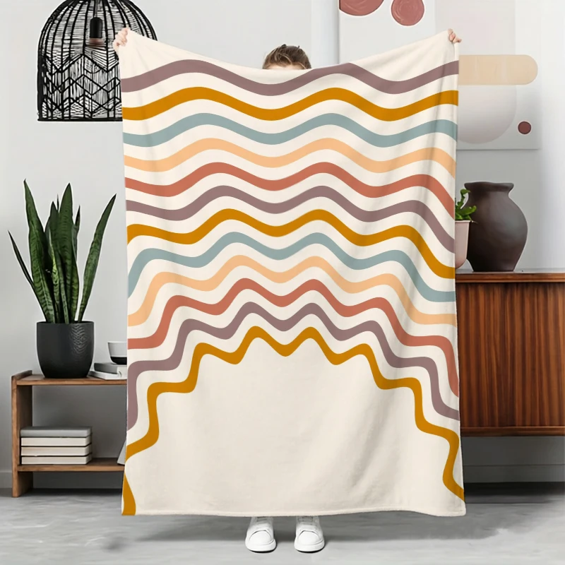 Beige Background Multi Color Wave Line Flannel Blanket For Retro Bedroom Decor Soft Warm Throw Blanket Drape