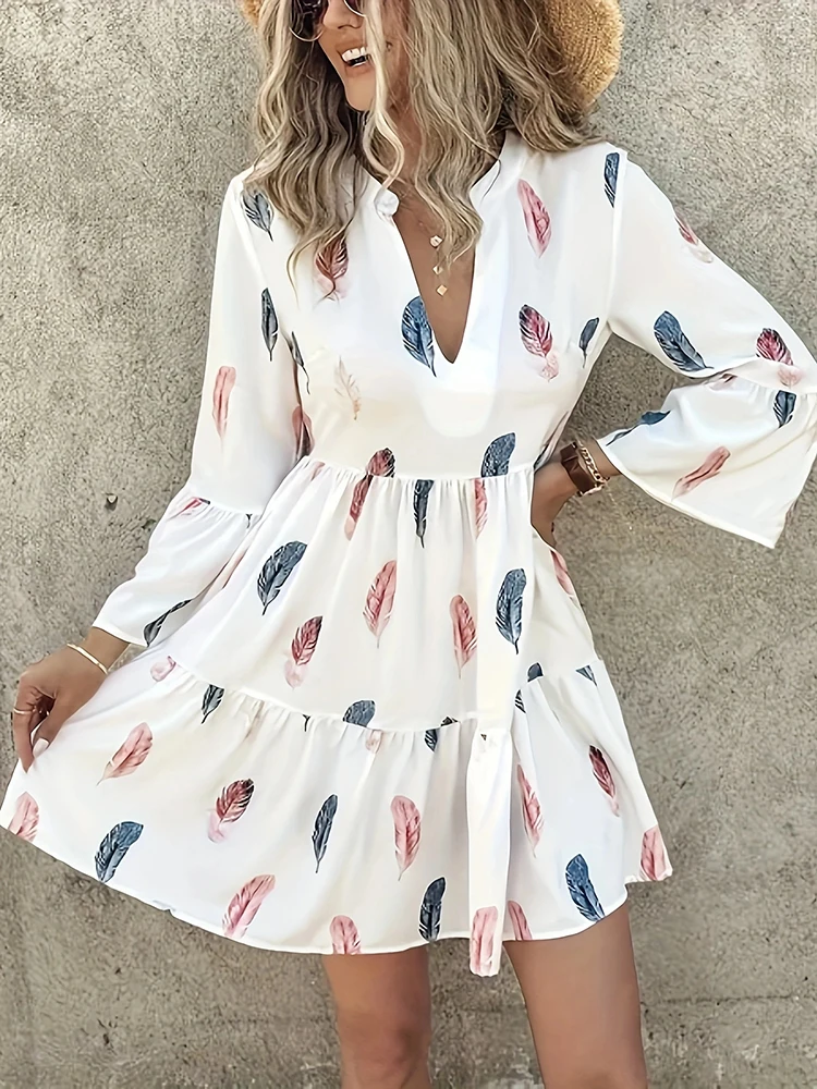 Mugen Plus Size Feather Print Dress Casual V-Neck 2024 Women‘s Clothing For Spring And Fall Long Sleeves Casual Women Dresses