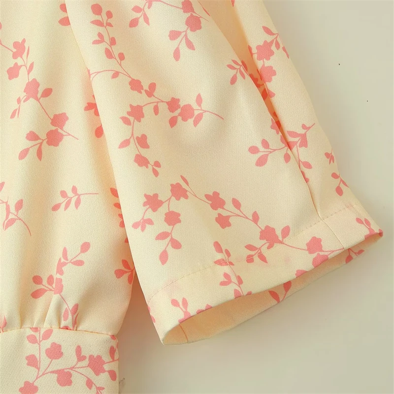 Keyanketian verão novo estilo de férias feminino com decote em v em camadas manga bolha vestido impresso fino saia rabo de peixe