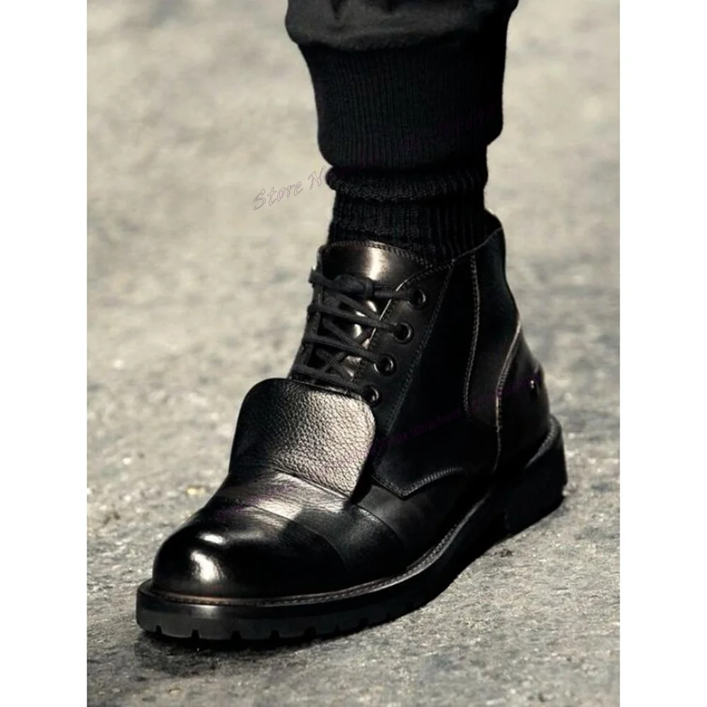 Black Matte Leather Lace Up Men's Loafers Chunky Heels Business Party Dress Shoes Luxury Runway Shoes 2023 Zapatos Para Hombres