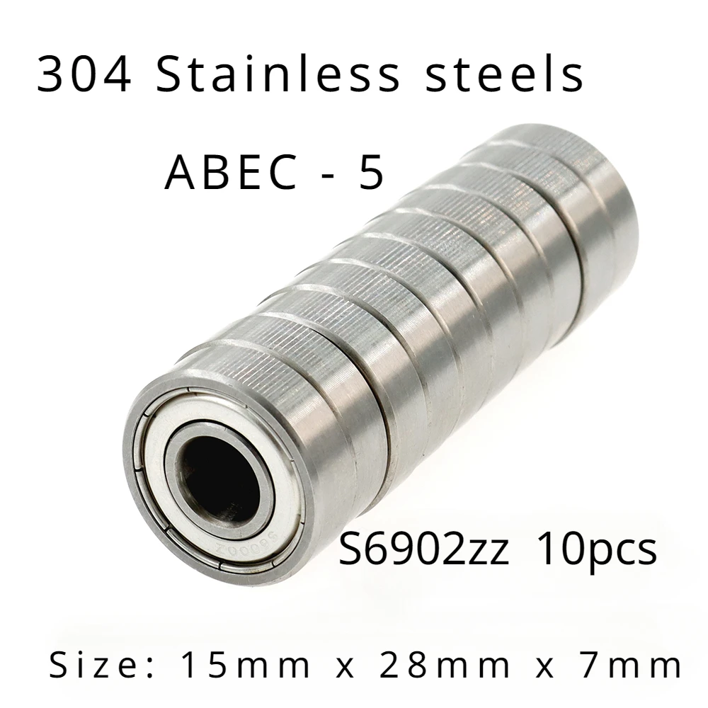 High Performance 304 Stainless Steel ABEC-5 Miniature Deep Groove Ball Bearings S6902zz 15mmx28mmx7mm of 10pcs - Stainless Steel