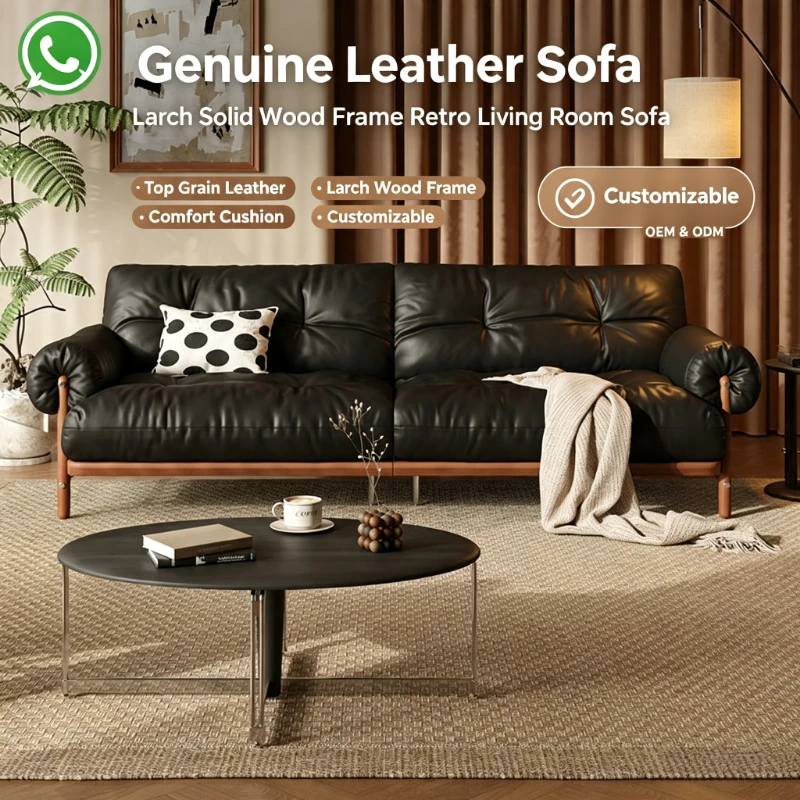 Retro Genuine Leather Sofa, Larch Solid Wood Frame, Plush Cushion Round Arm Couch for Mid‑Century Style Living Room Furniture