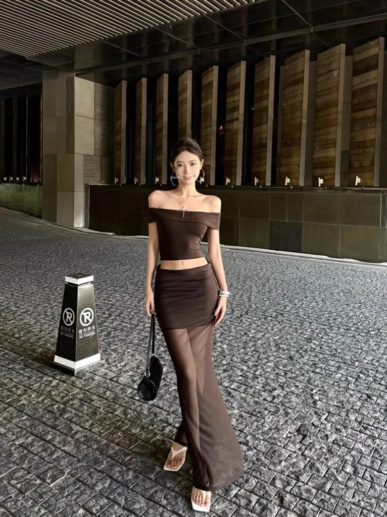 

Kumikumi Sexy Spicy Girl One oulder Coffee T-irt Top Women Summer Slimming Me f Skirt Two Piece Set Casual Sle