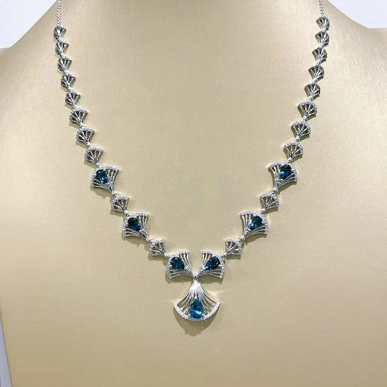 4*6mm London Blue Topaz Fan Shaped Necklace 925 Sterling Silver Plated with Cubic Zirconia Inlay for Women
