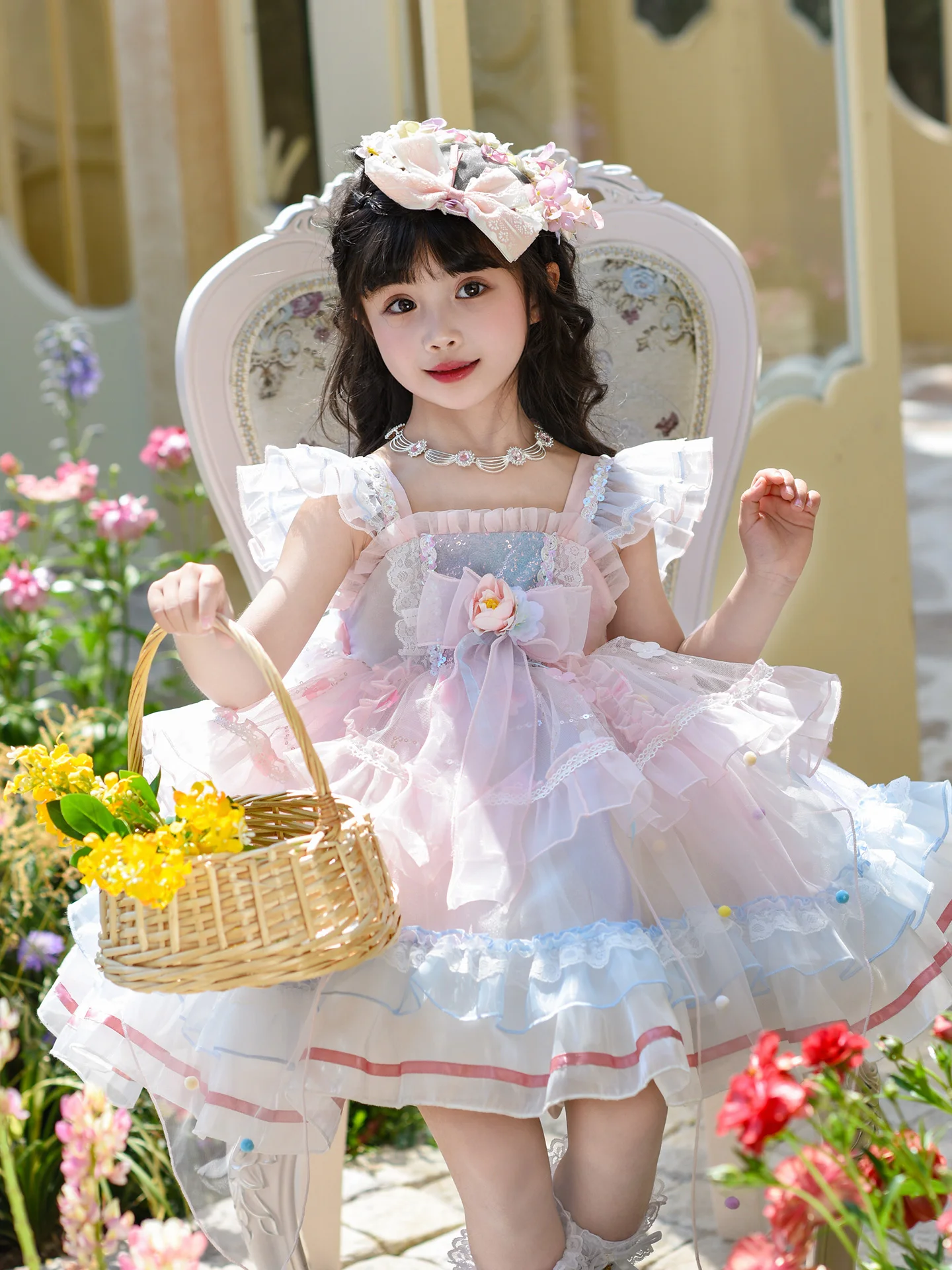 Vestido Estilo Lolita para Meninas com Mangas Esvoaçantes, Saia Princesa, Fantasia Infantil de Conto de Fadas, Verão, Fechame...