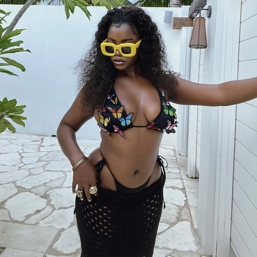 YOUR BUMP CURVE Sexy Girls Colorful Butterfly Embroidery Spaghetti Strap High Elastic Triangle Cup Bikini T 2024 Beach Holiday