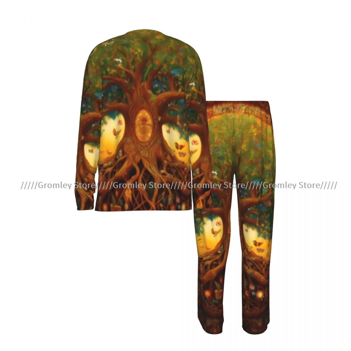 Male Pajama Set Long Sleeve Long Pants Sleep Suit Colorful Tree Of Life With Brunches Homewear Men Night Loungewear