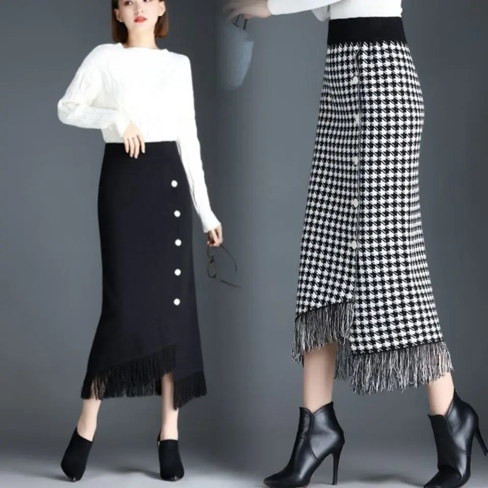 Knitting Skirts Ladies Autumn Winter Houndstooth High Waist Tassel Fleece All-match A-line Skirt Women Clothes Fashionable Skirt