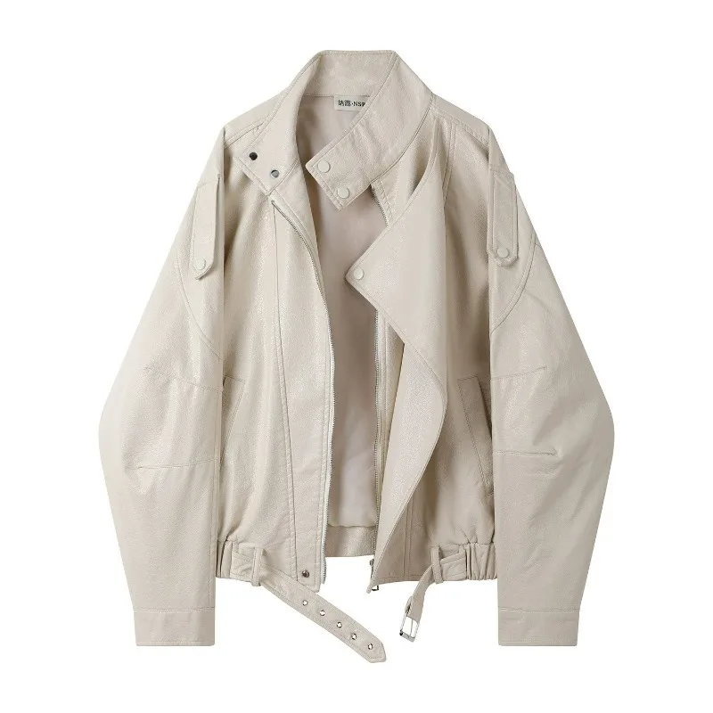 Autumn Short Loose and Versatile Flying Motorcycle Jacket Fashion Simple American Retro Brown Stand-up Collar Jacket for Women's