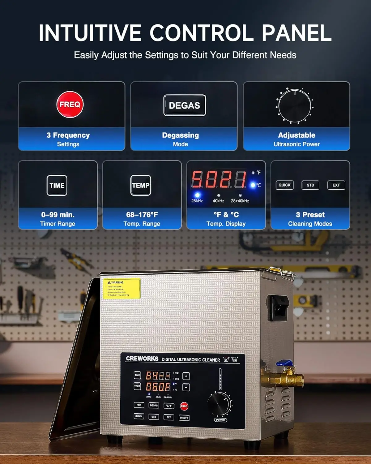 Двухчастотная цифровая ультразвуковая чистящая машина 10 л, ультразвуковой очиститель 28 и 40 кГц, 200 Вт с регулируемой мощностью, 2,6 галлона. Ультра