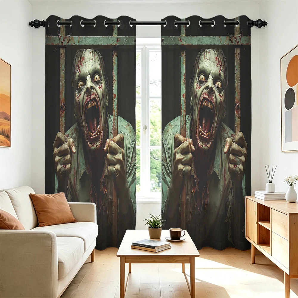 2pcs Prison Bar Screaming Zombie Double Sided Grommet Curtains Blackout Privacy Window Curtain For Bedroom Living Room Hallow
