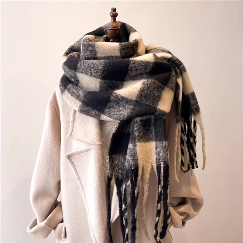 

2025 Winter Thick Warm Scarf Women WoolShawl Hairy Tassel Cashmere Like Wraps Grid Neckerchief for Cold Weather