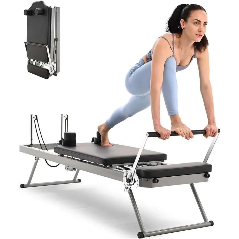 Foldable Pilates Reformer Machine Equipment, Pilates Exercise Equipment with 5 Metal Resistance Springs - Max Tension 110 lbs