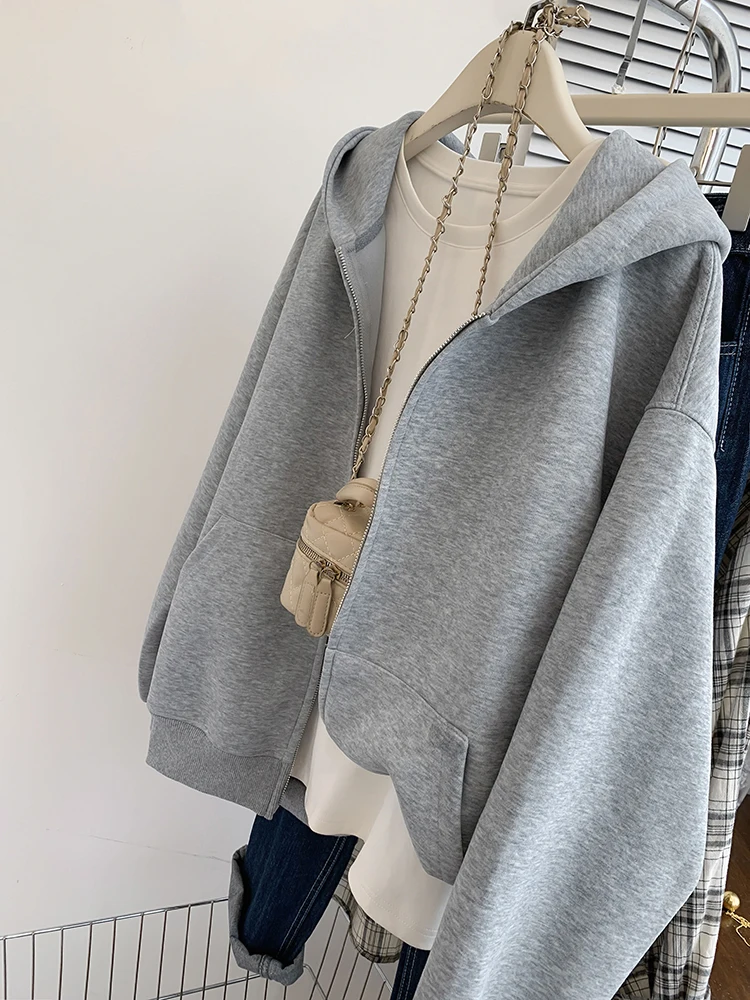 Grey Sweatshirt Hooded Casual Cardigan Women Autumn Winter Solid Color Zipper Long Sleeves Hoodies Loose Tops