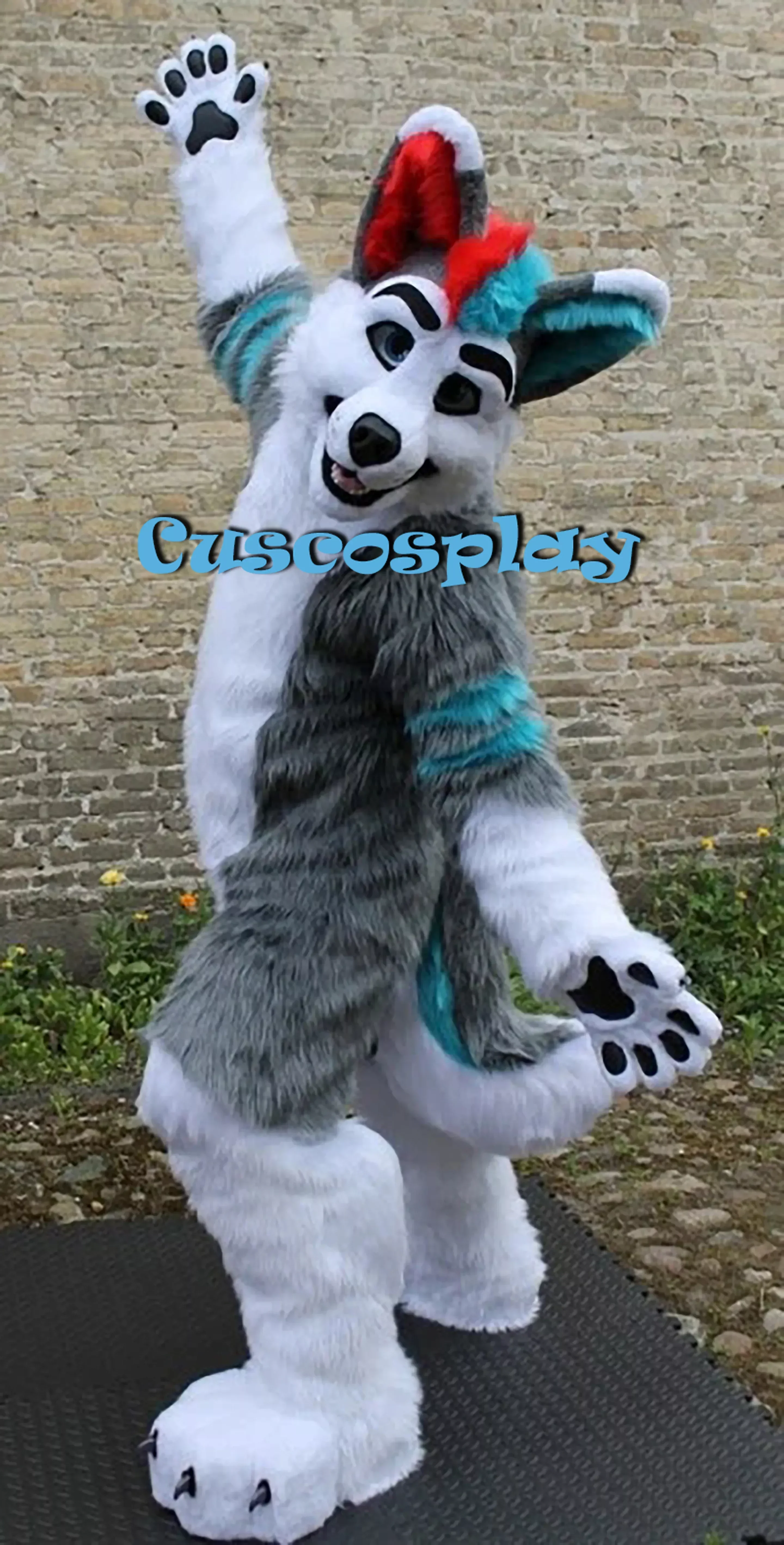 

Grey White Long Fur Furry Husky Dog Wolf Fox Fursuit Mascot Costume Adult Cartoon Character Suit Real Play Trade Shows