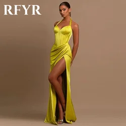 RFYR Yellow Elegant Evening Dress For Party Satin Halter Pleats Satin Mermaid Prom Gowns Split Train Celebrity Dress Customized