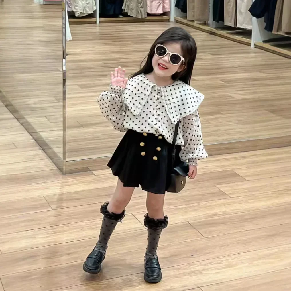 Girls Shirt 2024 Autumn New Childrens Wear Korean Style Baby Girl Lace Big Lapel Flock Polka Dot Long Sleeve Shirt Casual Simple