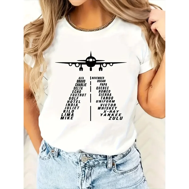 

Женская футболка с рисунком авиационной тематики, повседневный топ с короткими рукавами и круглым вырезом, дизайн для подиума в самолете и аэропорту, всесезонная футболка