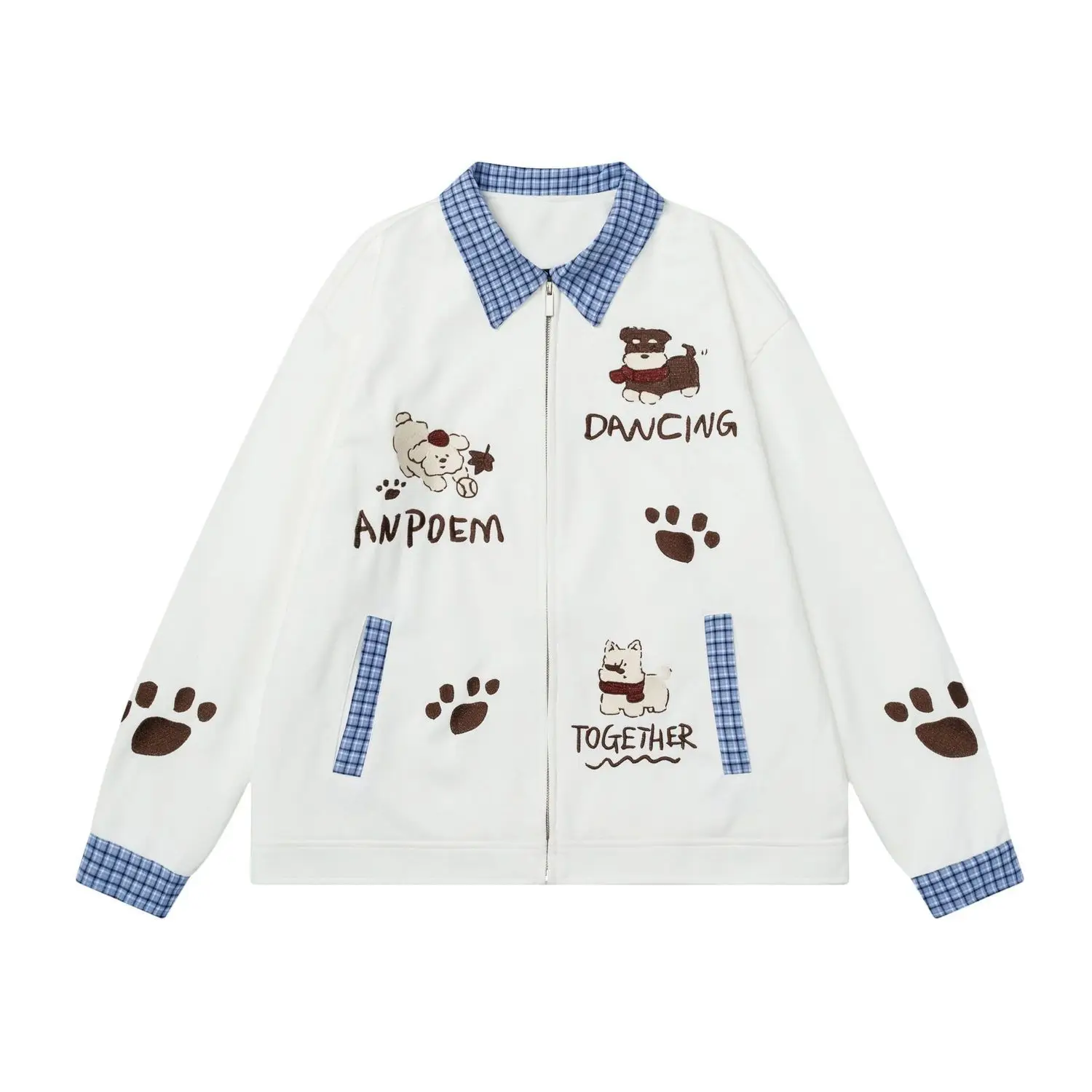 Niedliche Cartoon-Hundepfotenabdruck-Stickerei Jaet Damen Herbst Trendy Plaid Patchwork Kragen Reißverschluss Offene Strickjacke Oberbekleidung