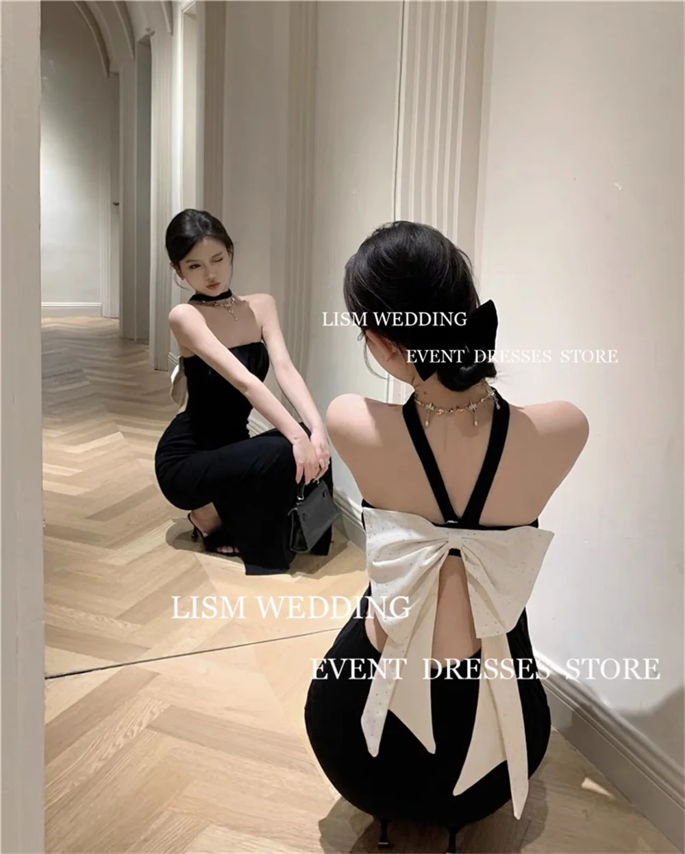 LISM Sexy Black Mermaid Evening Dresses Summer Strapless Back String Bow Ankle Length Prom Dresses For Korea Lady Photoshoot