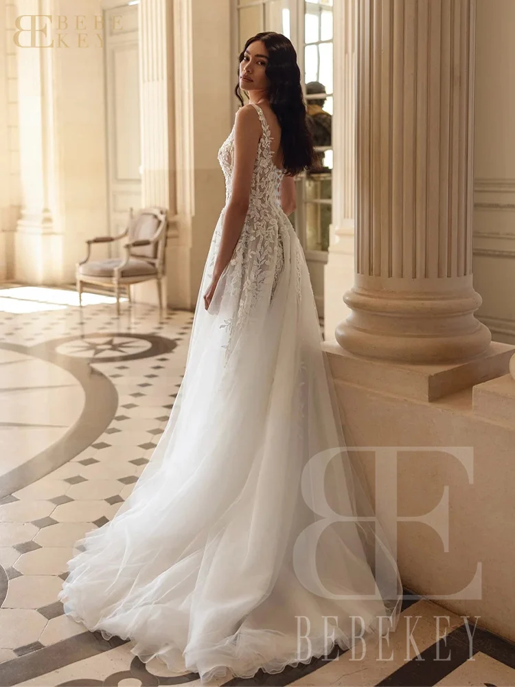 BEBEKEY Customized Lace Beaded Flowers Wedding Dress Square Collar Formal Party Gown vestidos de novia image 2