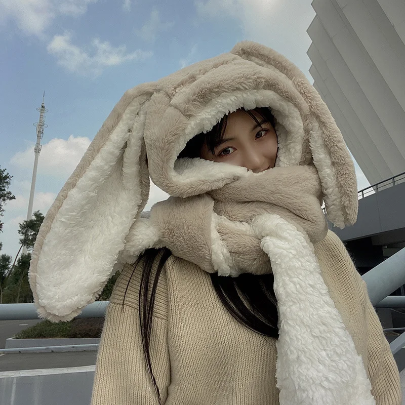 2021 neue Mode Schal Hut Handschuh 3 Stück Frauen nette Große Ohr Hase Winter Warme Weiche Verdickung Tasche Hüte Mit Kapuze