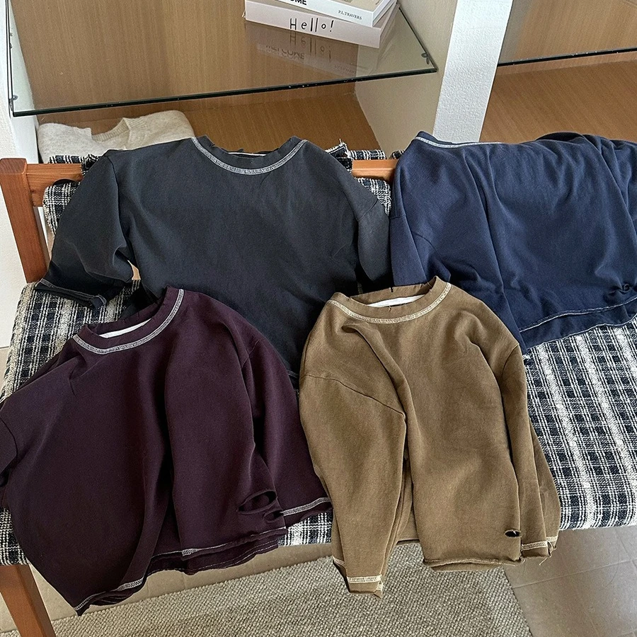 T-shirt 2026 Spring and Autumn New Childrens Clothing Boys and Girls Fashion Ripped Ripped Edge Bright Line Long-sleeved T-shirt