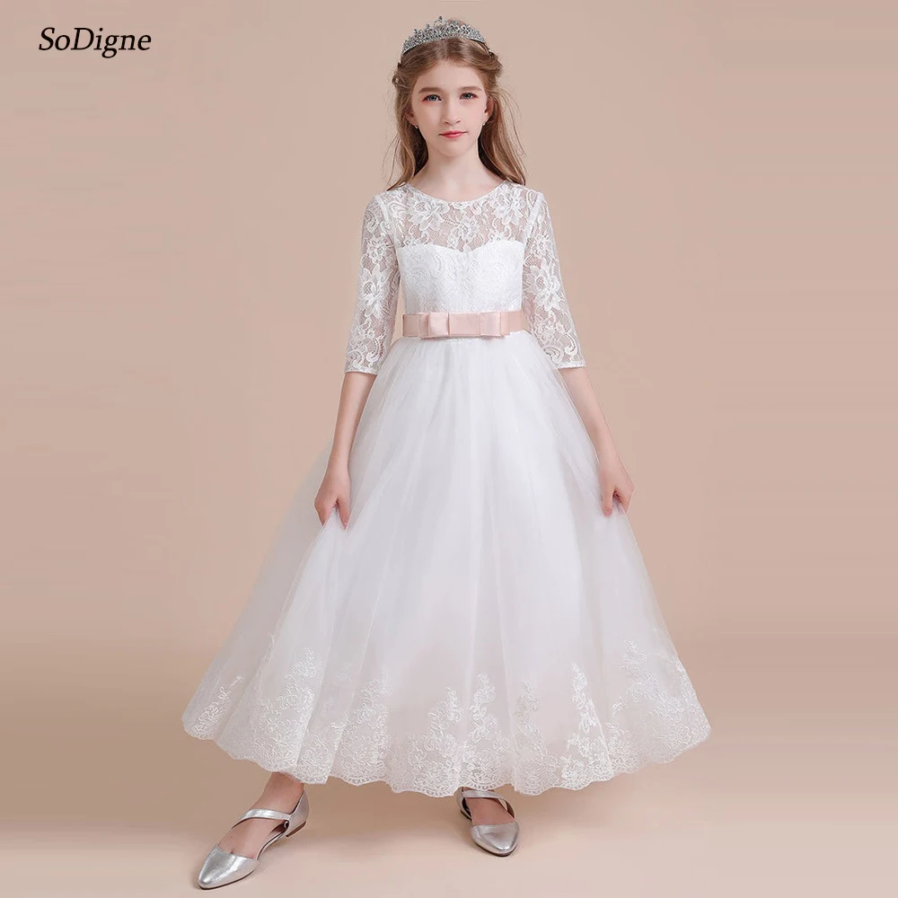 SoDigne A-line Tulle/Lace Flower Girl Dress O-neck Half Sleeves Appliques Skirt Girls Party Dresses Customized Long Kid Gown