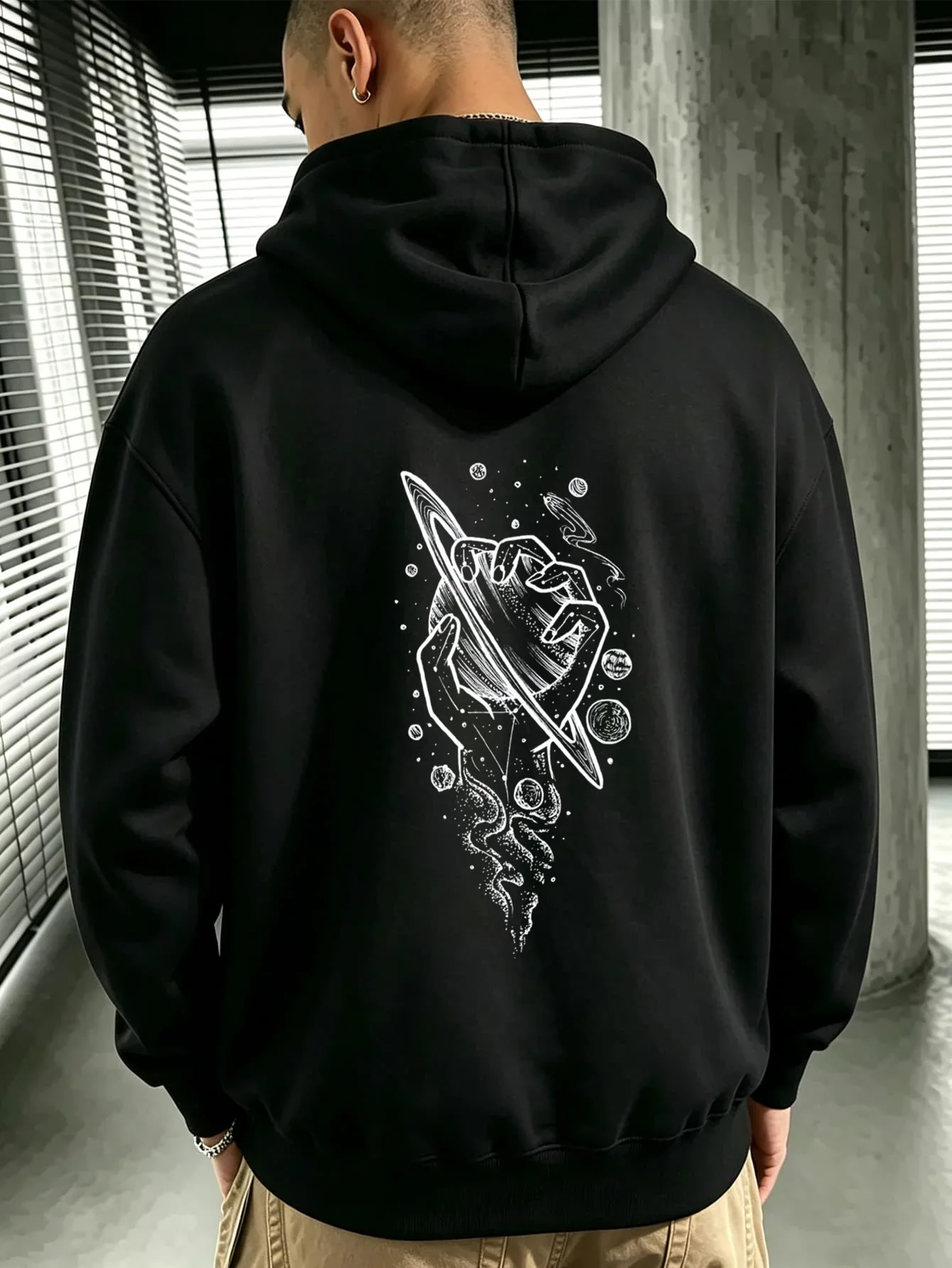 Mens Pink Hooded Sweatshirt Back Cosmic Hand Saturn Print Drawstring Pocket Loose Pullover Hood Top