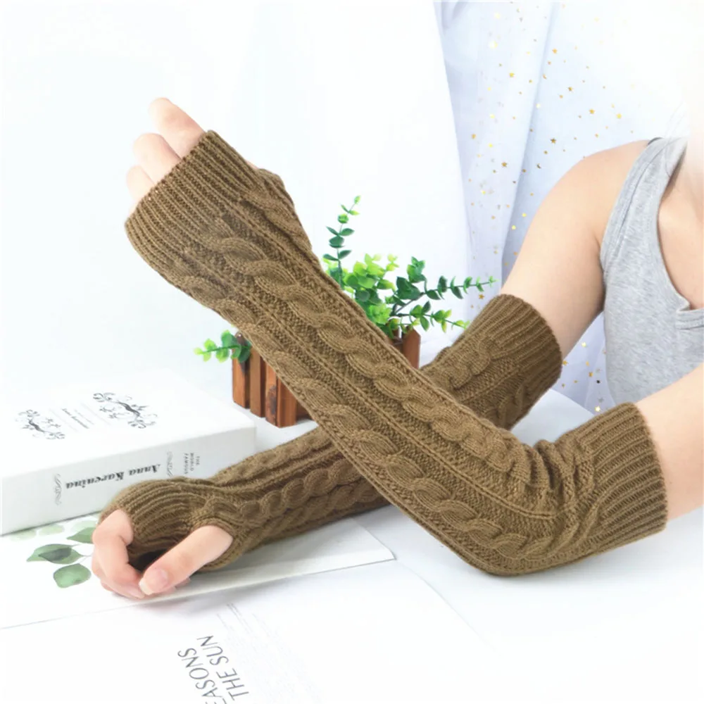 Winter Twist Knitting Woolen Arm Sleeve For Women Thicken Warm Long Fingerless Gloves Solid Color Long Sleeve Half-finger Glove