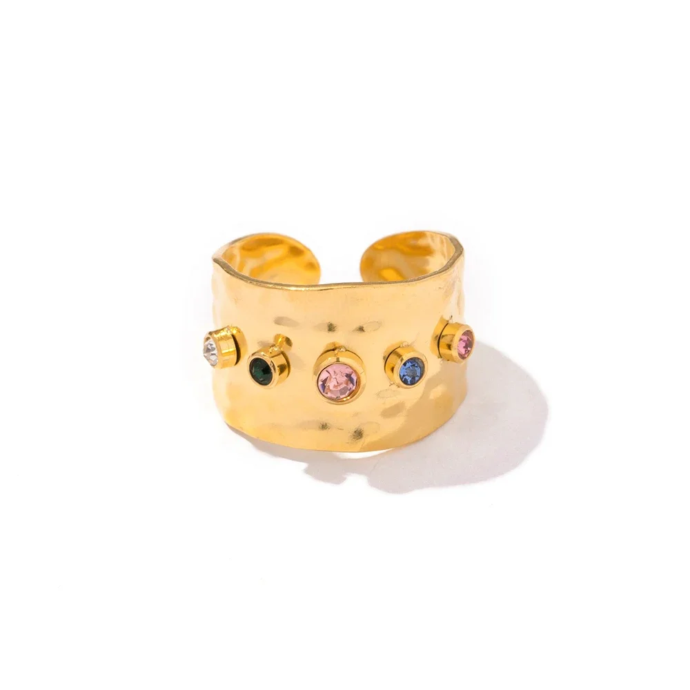 Vintage Colorful Crystal Zirconia Open Adjustable Ring Women Fashion Gold Color Elegant Wedding Party Jewelry Accessories