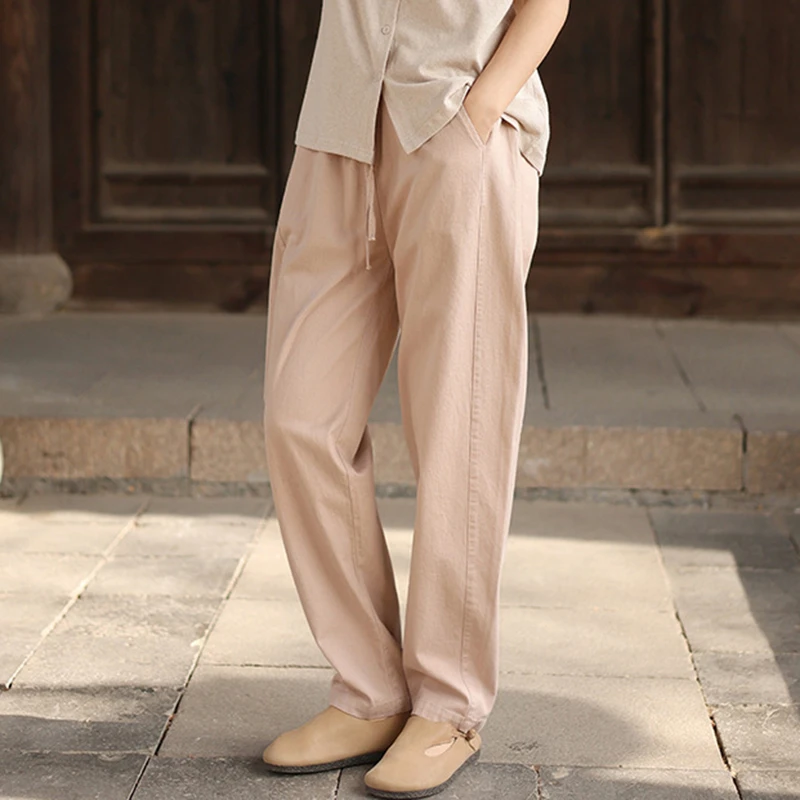 

100% Cotton Women Casual Pants New Arrival 2026 Spring Simple Style Solid Color Elastic Waist Female Pencil Pants M2483