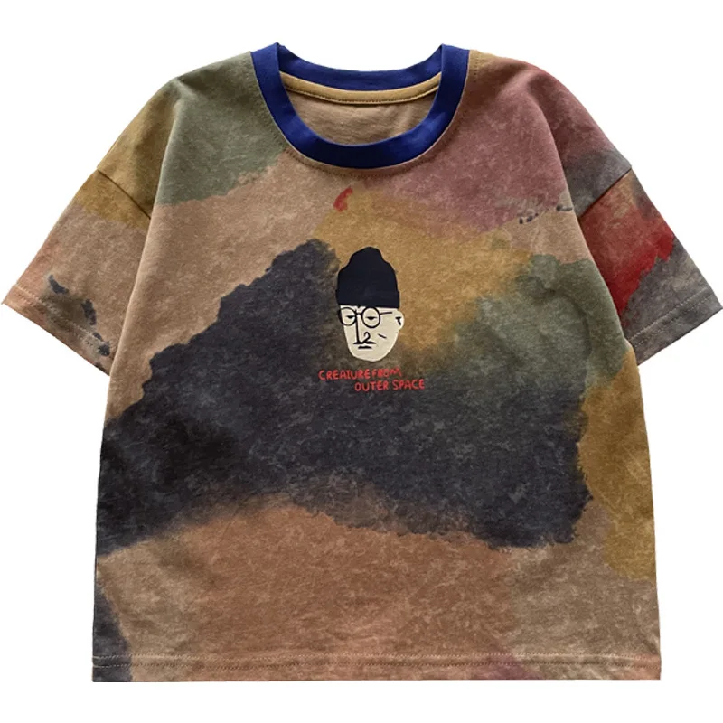 2023 Summer Children T Shirts Tie Dye Style T-shirt for Girls Boy Short-sleeve Kids Tees Cartoon Toddler Outerwear 1-8T