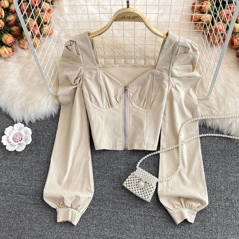 Long Sleeved Women Shirts Spring Autumn Puff Sleeve Slim Zipper Solid Cropped Blouse Court Style Party Tops