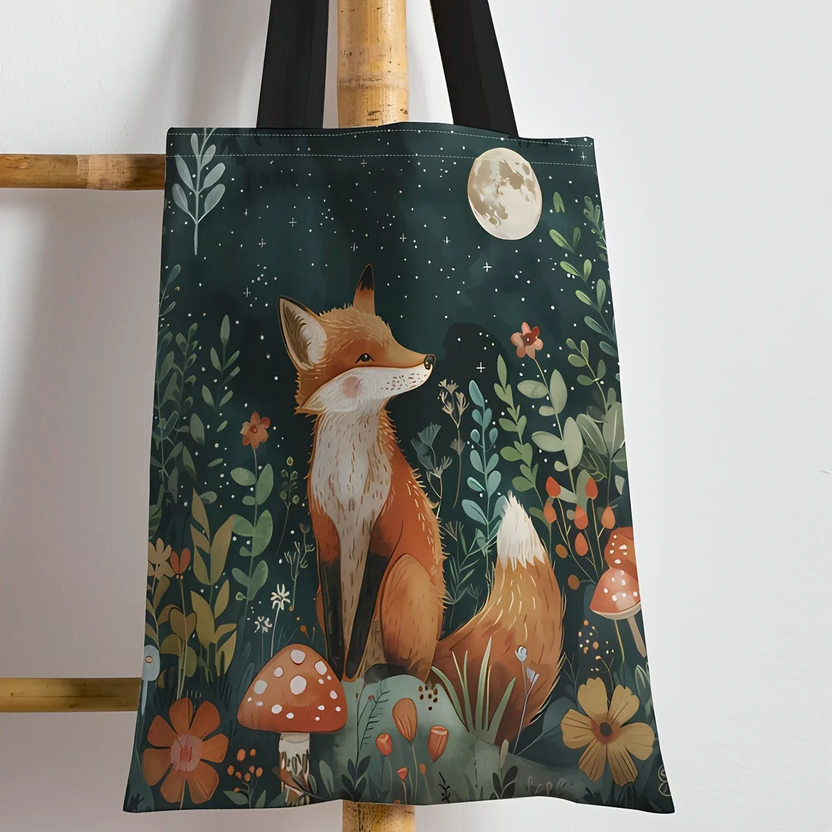 Cartoon Fox Tote Bag Spacious Comfortable Shoulder Bag with Vibrant Forest Design Large Capacity for Shopping Handle Bags
