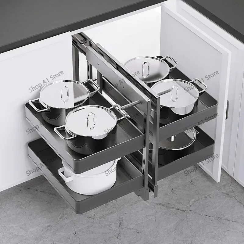 The corner basket is fully open, kitchen cabinets are fully pulled out, and corner flying saucer is stored .