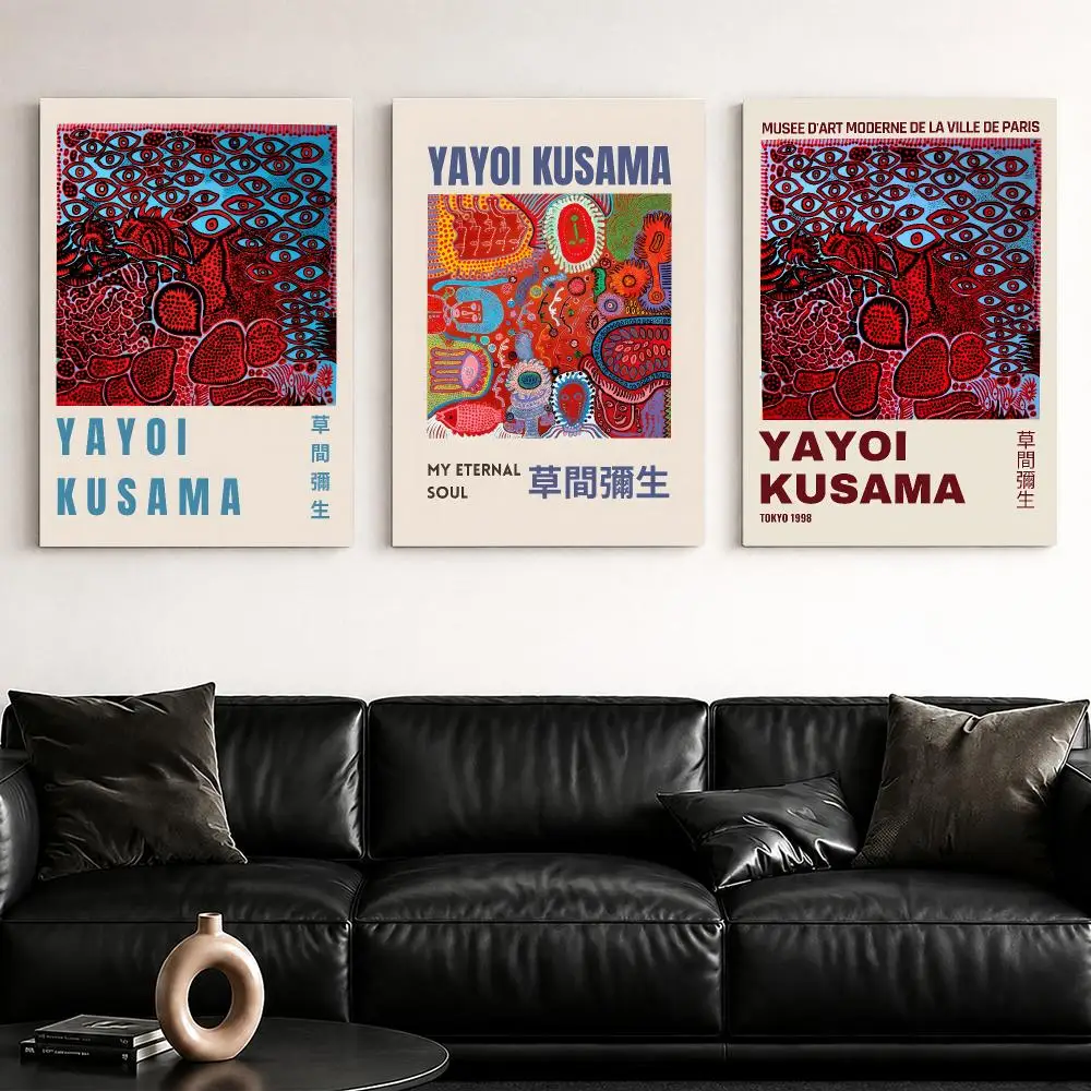 Y-Yayoi K-Kusama Eye Pattern Visions Framed Wall Painting Framed Canvas Wall Art Poster Solid Wood Frame Home Decor