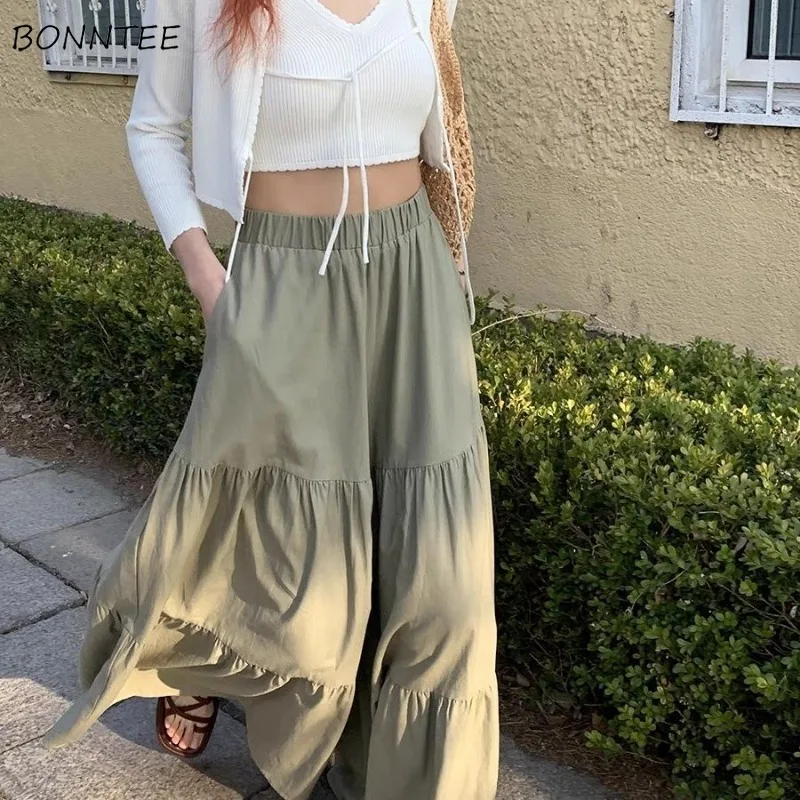 

Green Wide Leg Pants Women Baggy Folds Vintage Casual Streetwear High Waist Fashion Simple Korean Style Soft Pantalones De Mujer