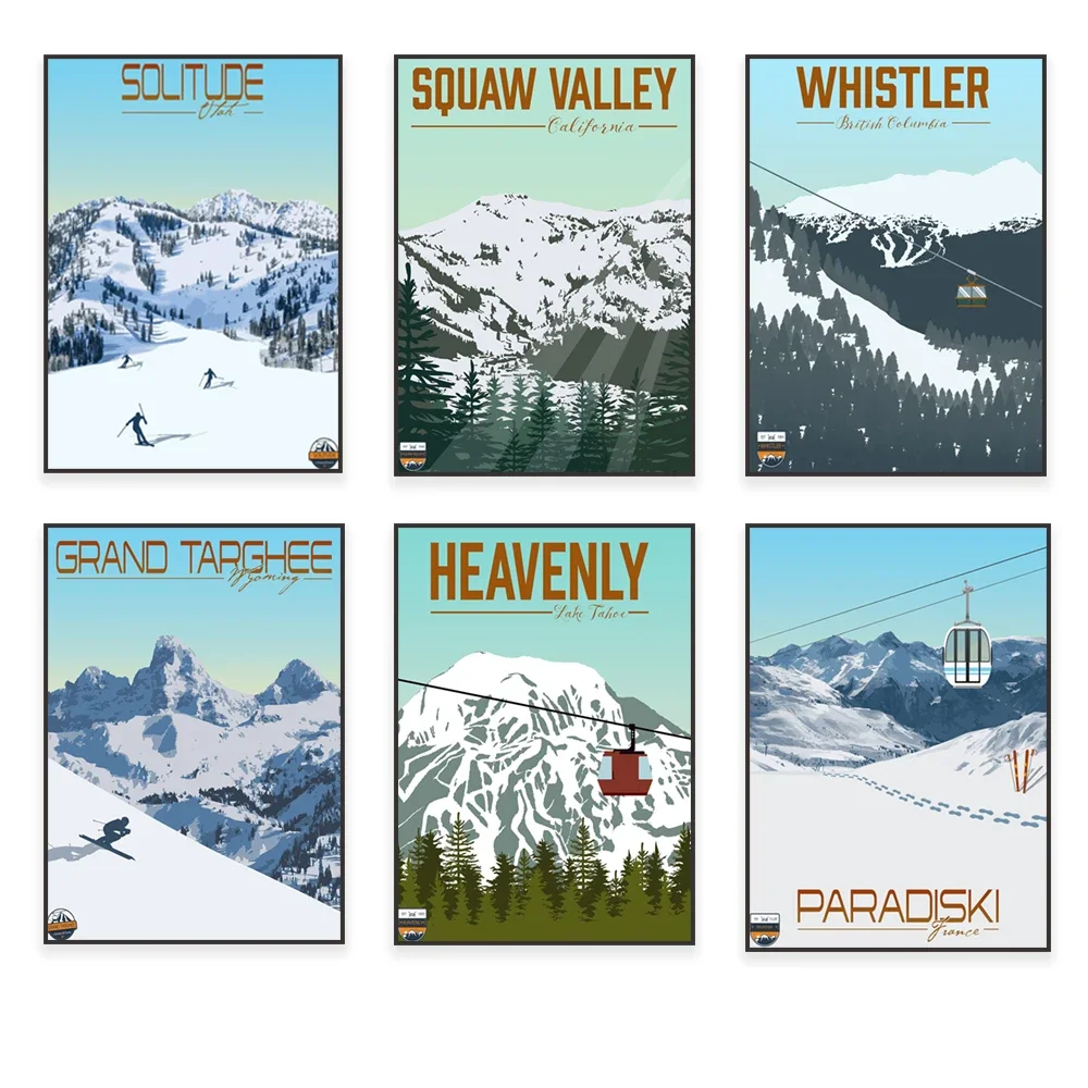 Whitewater BC, Mont Tremblant, Lone Utah, Idaho, Squaw Valley, CA, France, Mammoth Mountain ski resort travel poster