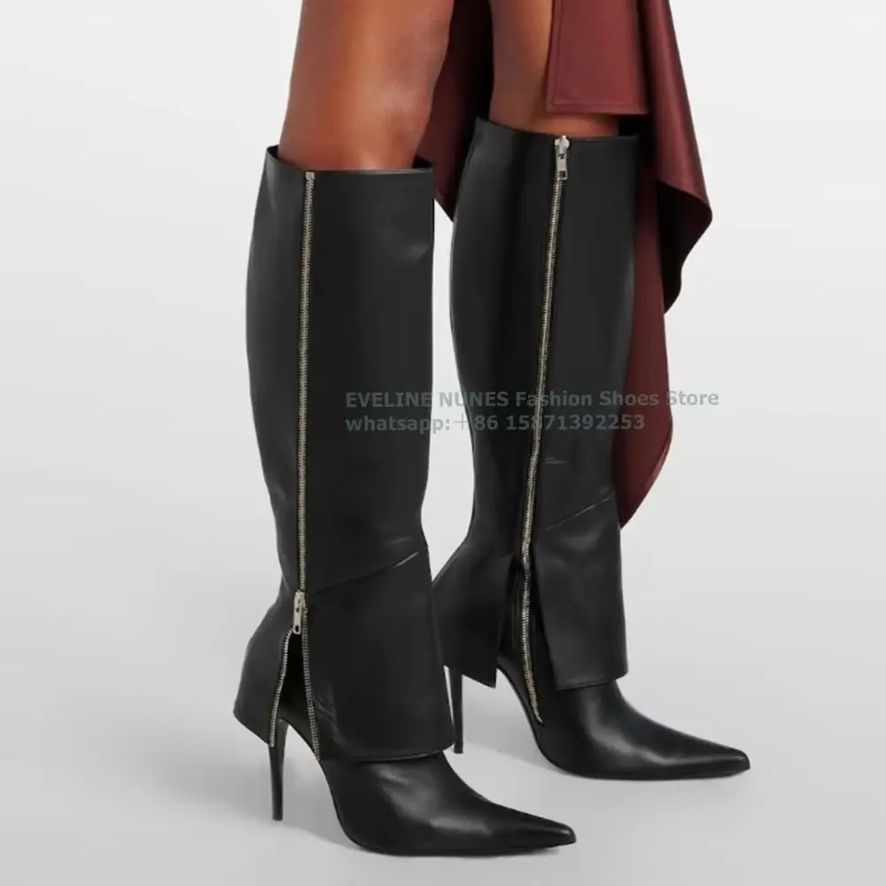 

Side Zipper Patchwork Knee High Boots Pointed Toe Thin Heels Fold Down Solid Fashion Sleeve Boots 2024 New Arrivals Street Style