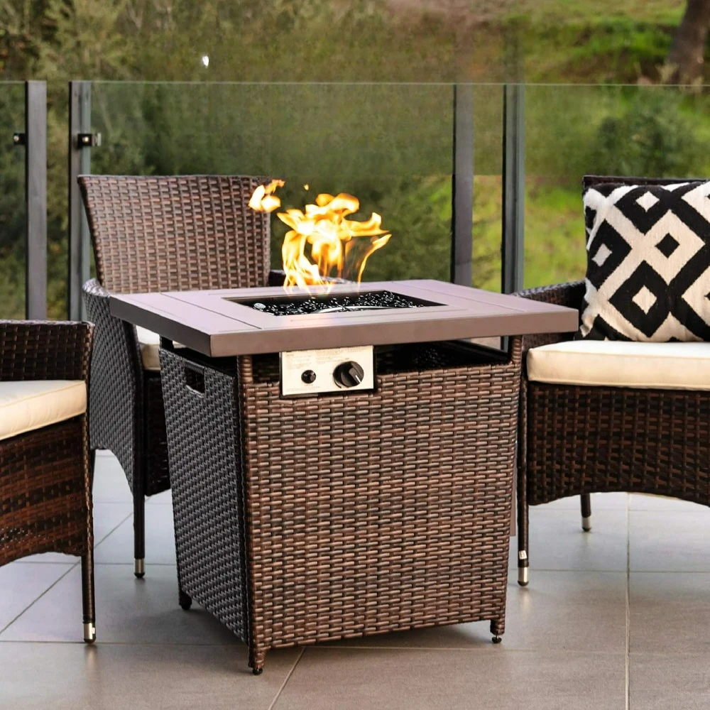 

Patio Propane Fire Pit Table, Clear Glass Rocks, Hideaway Tank Holder,50,000 BTU Outdoor Wicker Firepit w/Faux Wood Tabletop