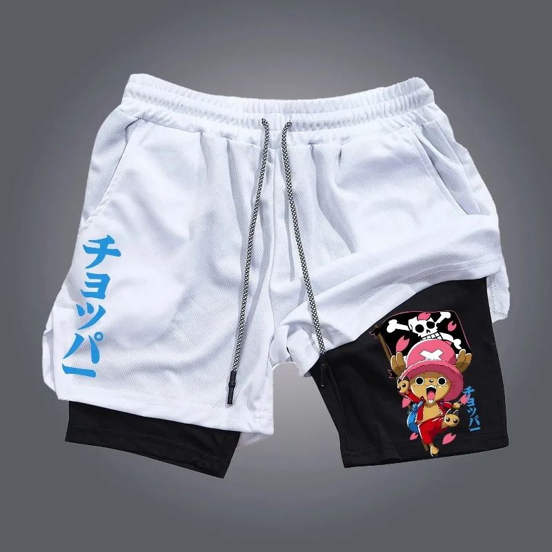 One Piece Sommer Neue Doppelschicht-Shorts für Herren und Damen, atmungsaktiv, schweißableitend, 2-in-1, Anime-bedruckt, Harajuku-Sport-Shorts