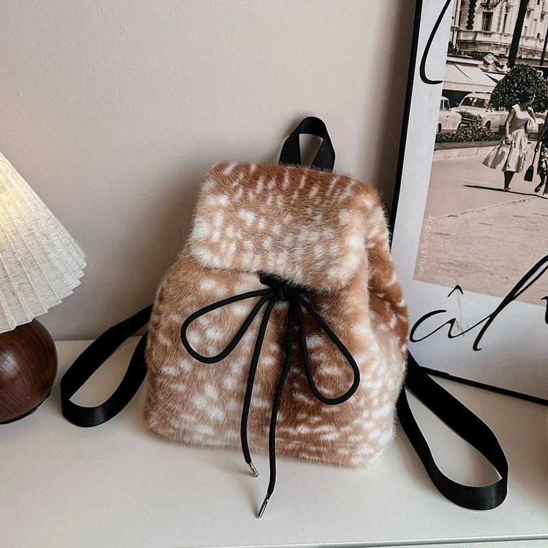 Winter Fluffy Faux Fur Backpack Leopard Print Drawstring Bucket Bag Fashion Soft Plush Small Backpack Daily Travel Purse Рюкзак