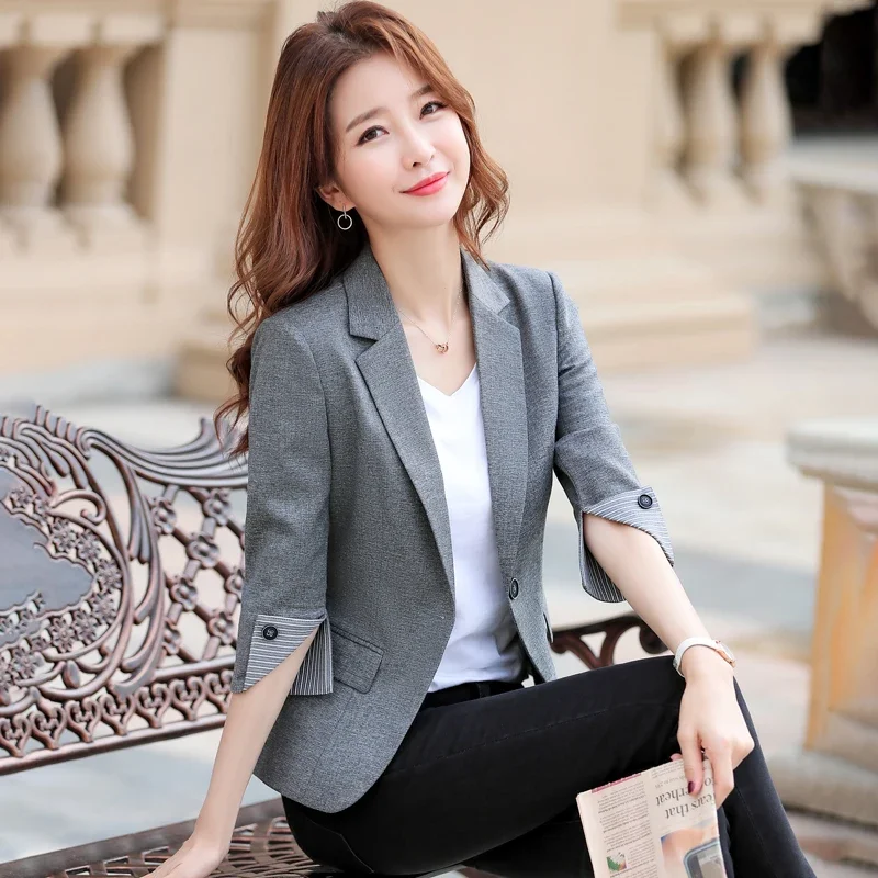 New Autumn Office Lady Solid Color Three Quarter Sleeve Blazer Women Casual One Button Formal Slim Fit Dress Suit Jacket Women