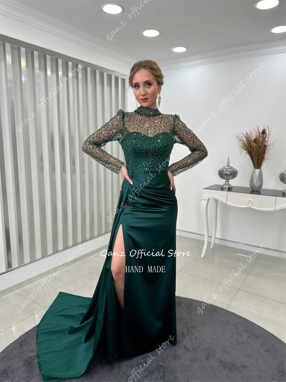 Qanz Emerald Green Evening Dresses Sequined Satin Dresses Women 2024 Long Sleeves Mermaid Leg Slit Prom Dresses Customized