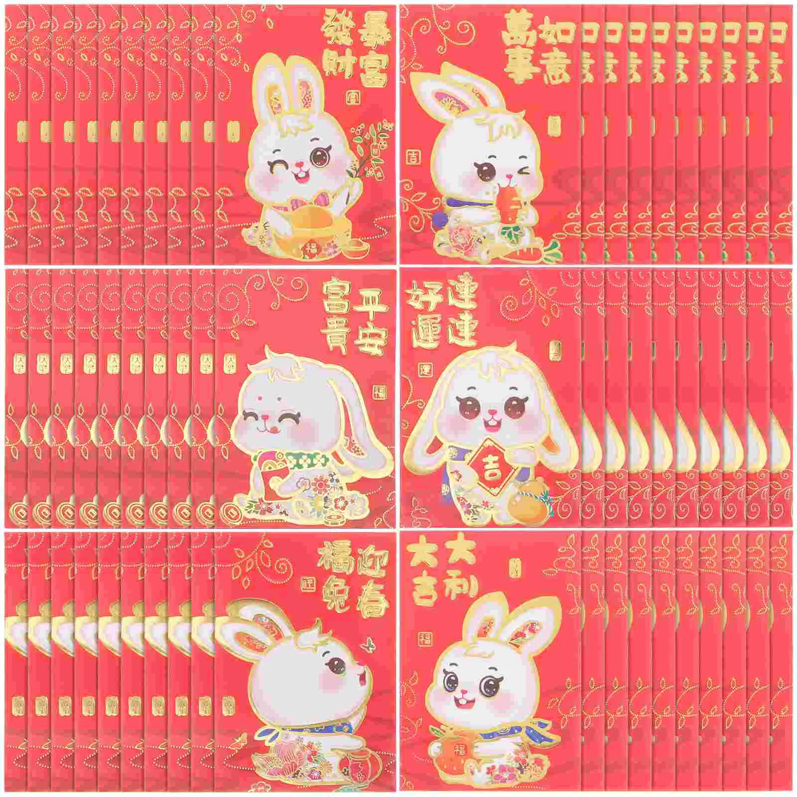 60 Pcs 2023 Year of The Rabbit Red Packets Chinese Envelopes Lai See Paper Money Bag Cartoon Gift Bunny